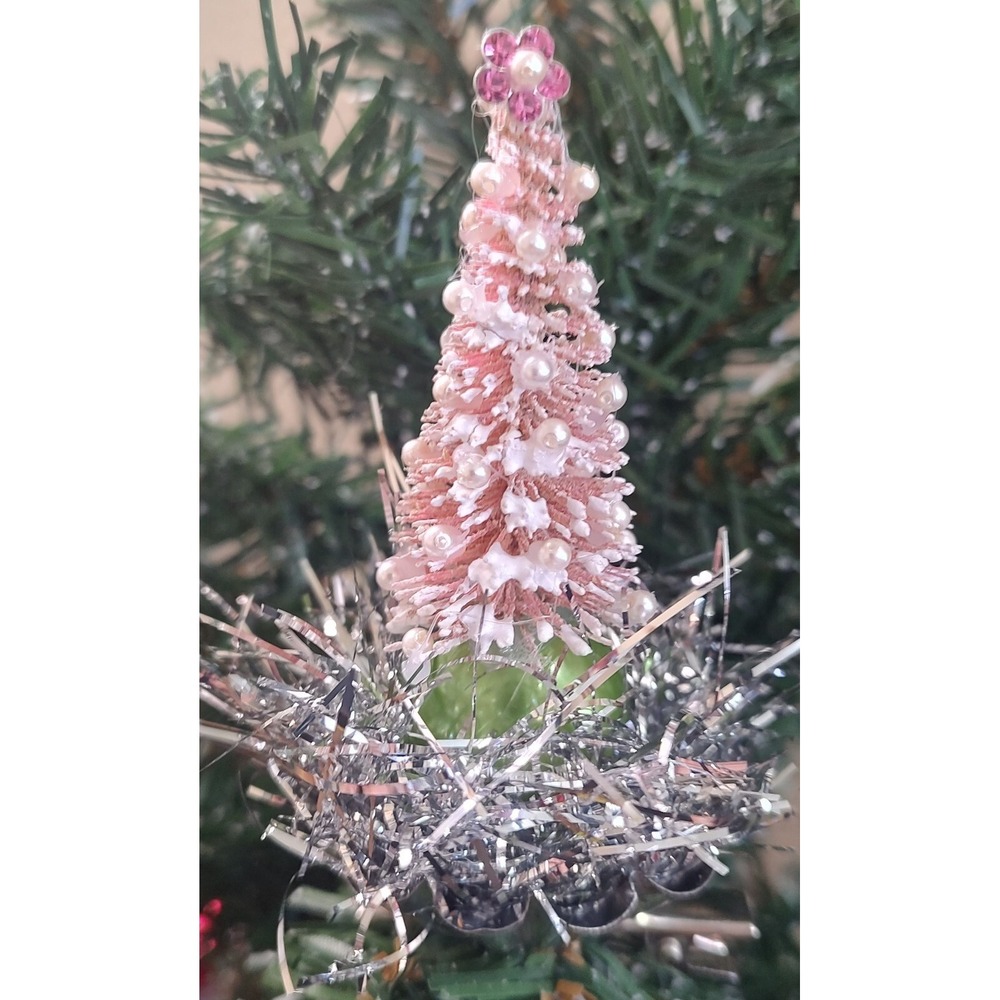 Pink Sisal Tree Clip On Christmas Ornament Tinsel Handmade Tart Tin OOAK O2